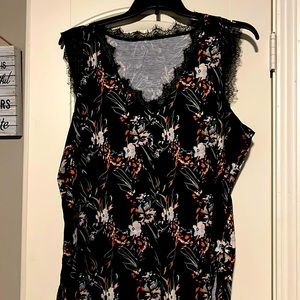 black floral top plus size sleeveless tank with lace trim & sheer cap sleeves